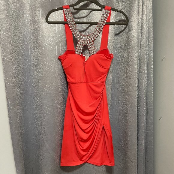 CRISTINA Tangerine Bright Orange Bodycon Wrap Mini Dress w Rhinestones - Sz M - Picture 1 of 9